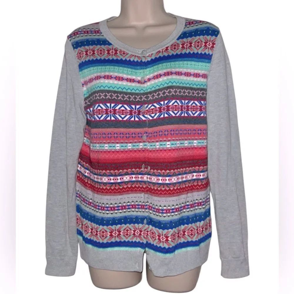 Talbots Cardigan Sweater Gray Multicolor Nordic Fair Isle Nylon Womens Sz S